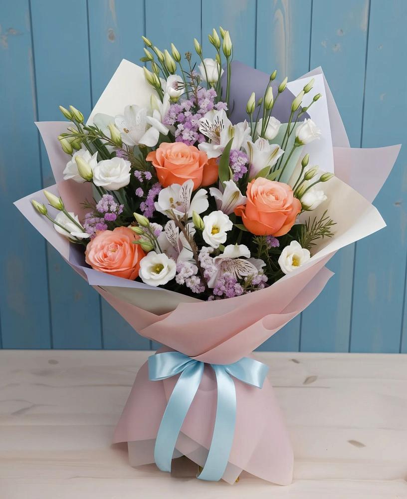 Букет цветов из: Лизиантусы, Розы, Альстромерии и Гипсофила в Ногинске